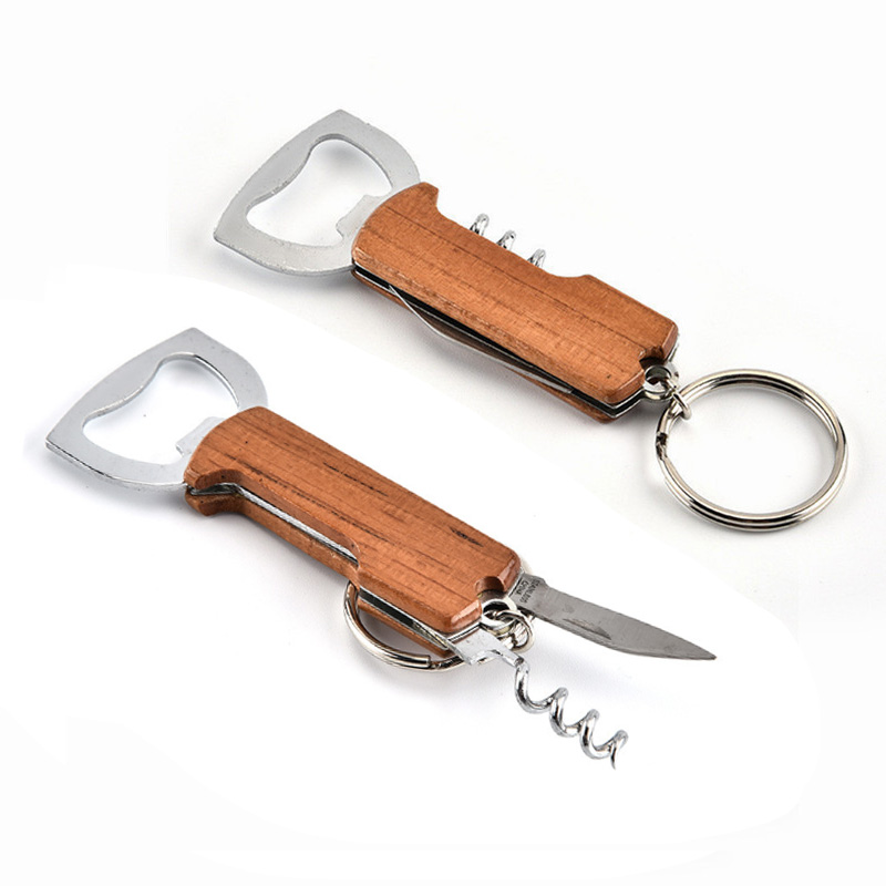 

Creative Opener Wooden Handle Bottle Opener Keychain Knife Pulltap Double Hinged Corkscrew Stainless Steel Key Ring Opener Bar Kitchen Tools