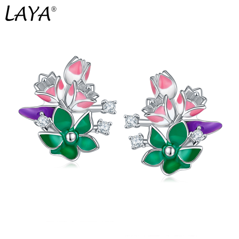 

LAYA 925 Sterling Silver Stud Earrings For Women Fashion Personality Design Bud High Quality Zirconium Colorful Enamel Flower Wedding Party Luxury Jewelry