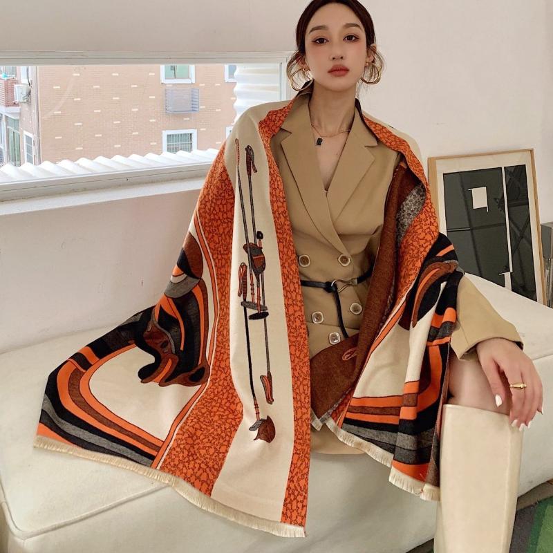 

Scarves 2021 Luxury Winter Scarf Women Cashmere Wraps Design Horse Print Warm Shawl Blanket Female Thick Bufanda Stoles, Blue;gray