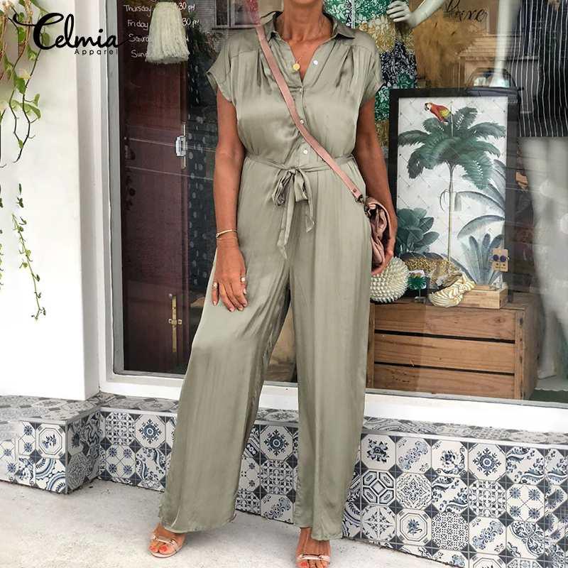

Women' Jumpsuits & Rompers Celmia Women Satin Sexy Solid Playsuits Summer Elegant Short Sleeve Ladies Streetwear Casual Wide Leg Pants 7, Green