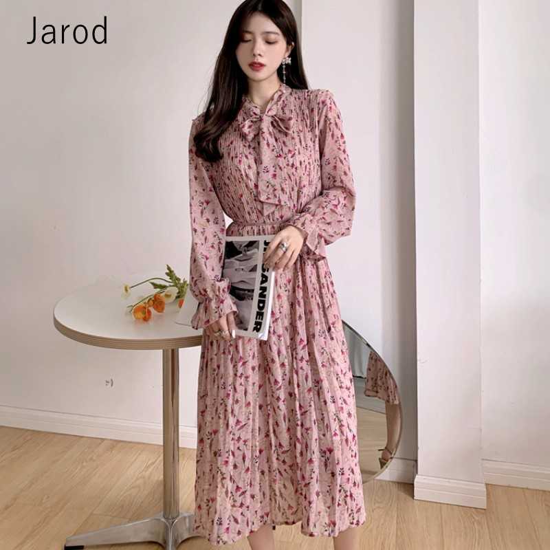 

Spring Women Fashion Sweet Bow Tie Full Sleeve Elastic Waist Print Chiffon Pleated Dress Robe Vestidos femme 210526, Pink