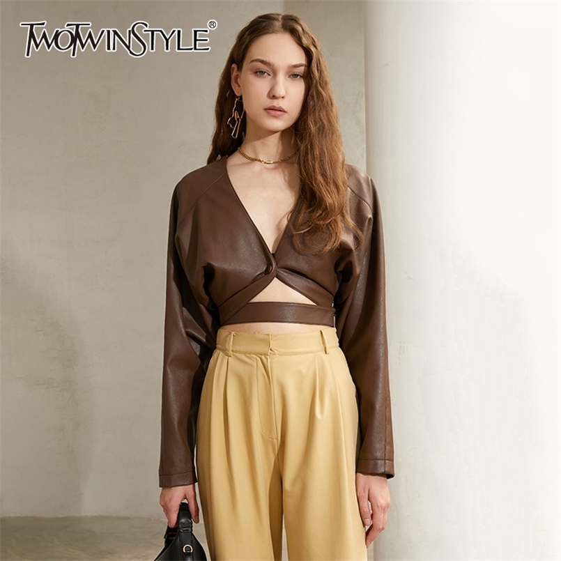 

Vintage PU Leather Jacket For Women V Neck Long Sleeve Hollow Out Short Jackets Female Fashion Clothing 210524, Brown