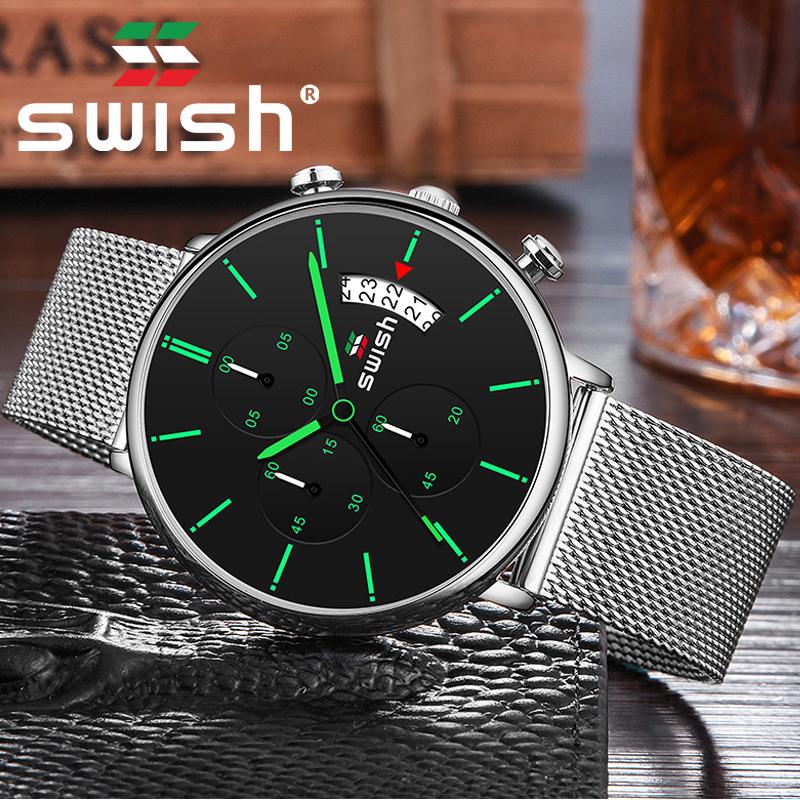 

Wristwatches SWISH 2021 Sports Quartz Watch Man Fashion Brand Stainless Steel Chronograph Wristwatch Luminous Military Watches Male Relojes, Slivery;brown