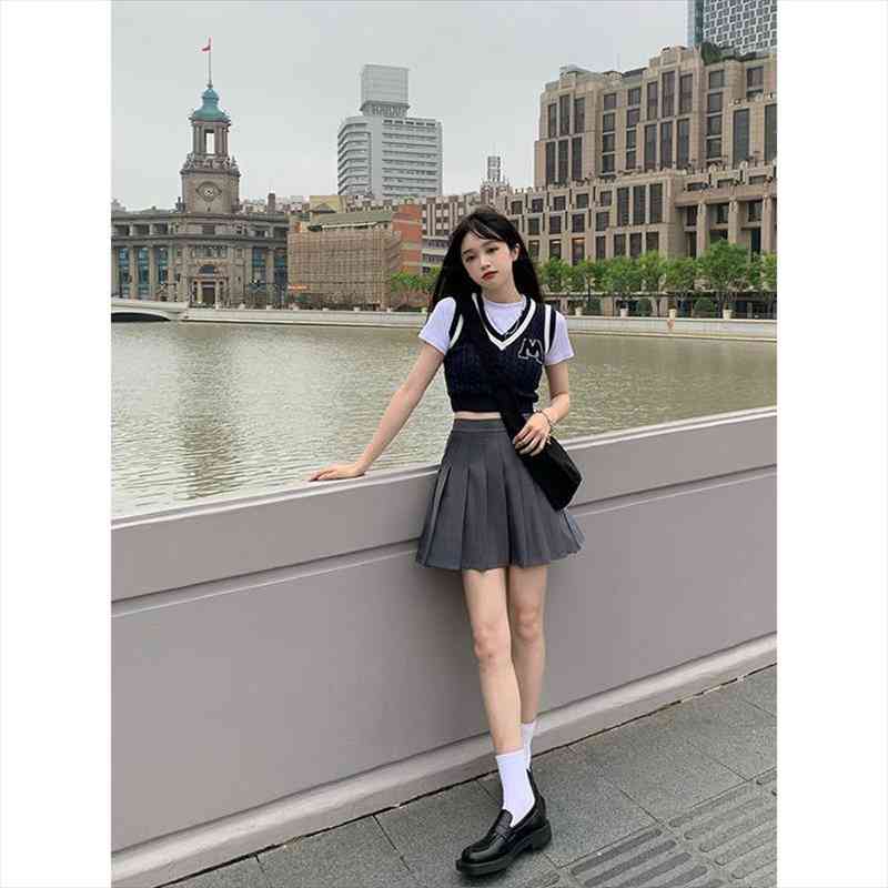 

gray casual pleated summer women skirts high waist harajuku japanese cute mini a line student fashion dance, Black