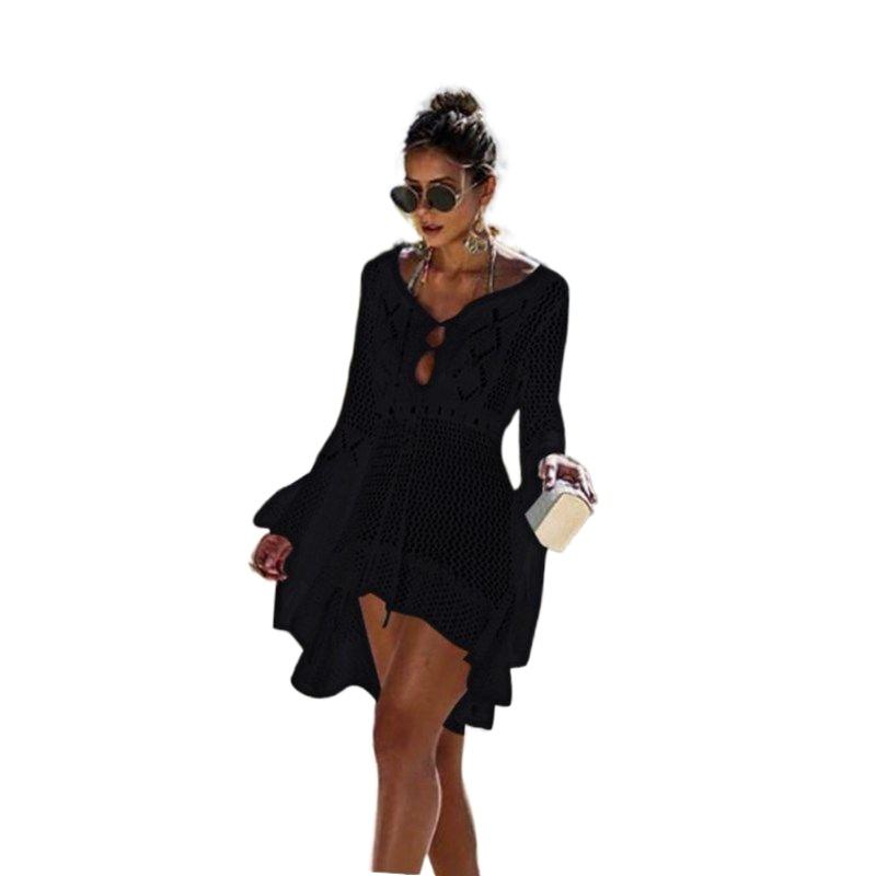 

Casual Dresses 2021 Short Knitted Crochet Sexy Hollow Waist Belt Seaside Holiday Beach V-Neck Dress Bikini Cover Up, Beige