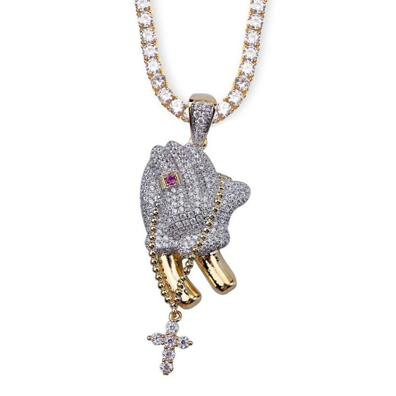 

Pendant Necklaces Hip Hop Praying Hands And Cross Necklace With Red Crystal Gold Color Micro Pave CZ Stones For Men Women Gift