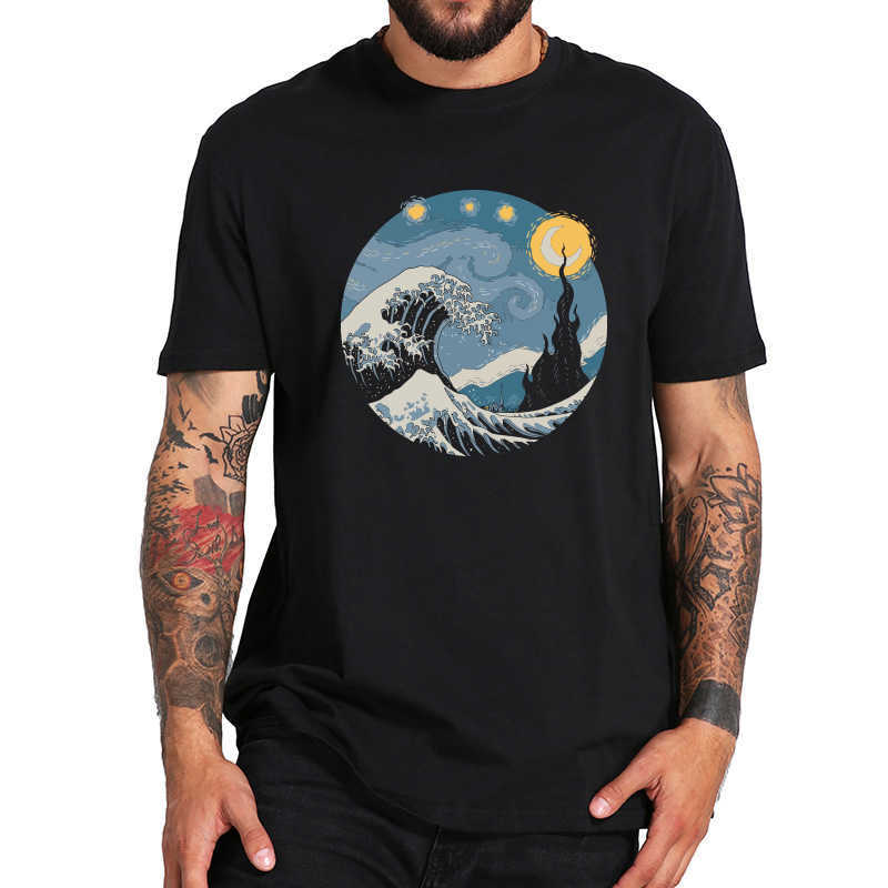 

Starry Night T Shirt Oil Painting Texture Graphic Soft Sweat High Quality Short Sleeve Tops Tee Homme EU Size X0621, Black