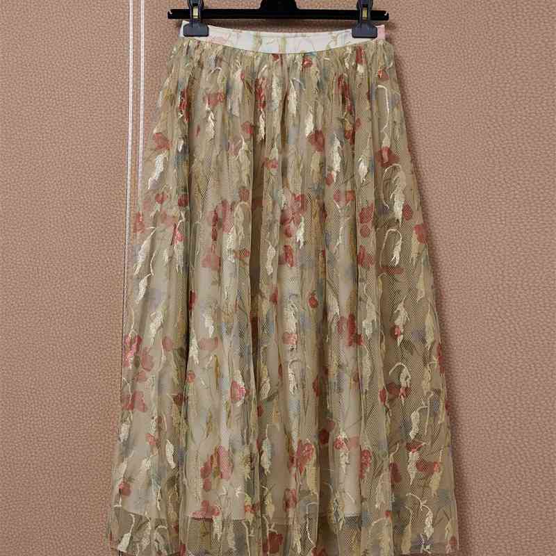 

Truevoker Summer Runway Fashion Mesh Skirt Women Vintage Floral Print Lace Midi Long Mujer Perspective Khaki 210602, Black