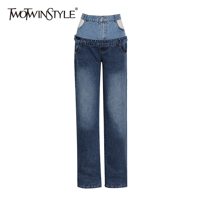 

Patchwork Hit Color Jeans For Women High Waist Straight Wide Leg Denim Pants Female Fashion Clothes 210521, Blue
