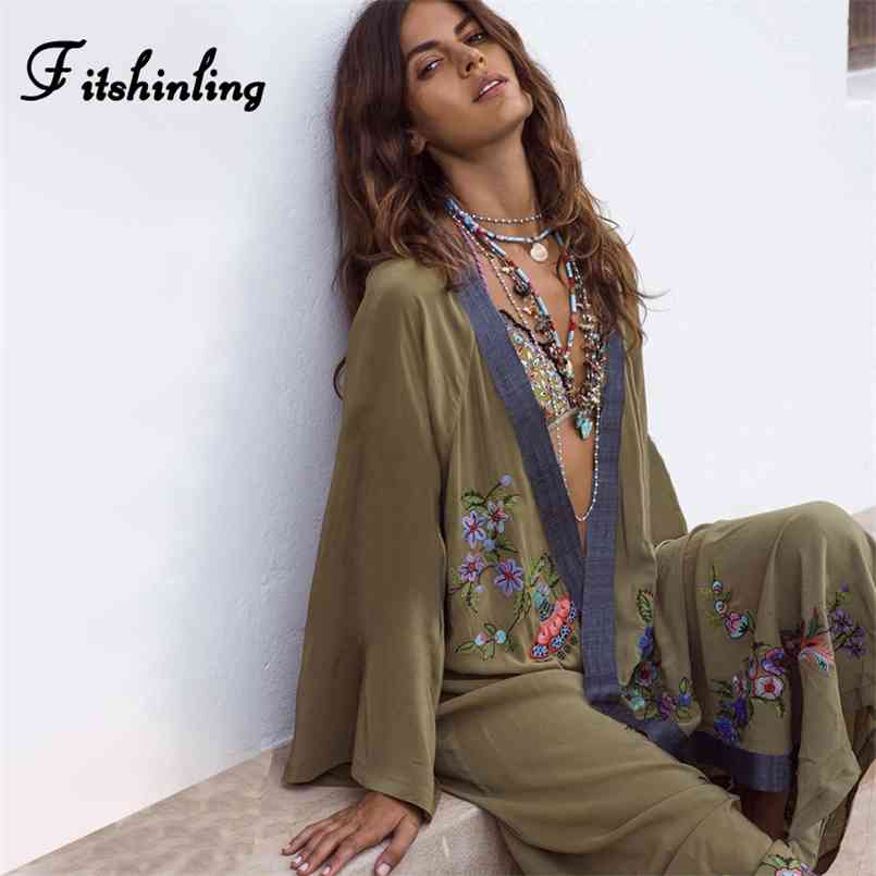 

Fitshinling Flowers Embroidery Beach Kimono Holiday Army Green Vintage Swimwear Cover-Ups Long Sleeve Autumn Outer Cover 210722