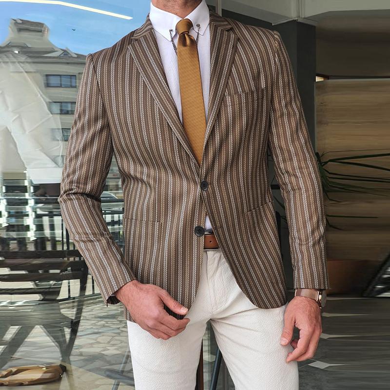 

Men's Jackets Fashion Business Men Blazer Jacket Autumn Retro Striped Print Turn-down Collar Suit Coats 2022 Spring Casual Slim Mens Outerwe, Black;brown