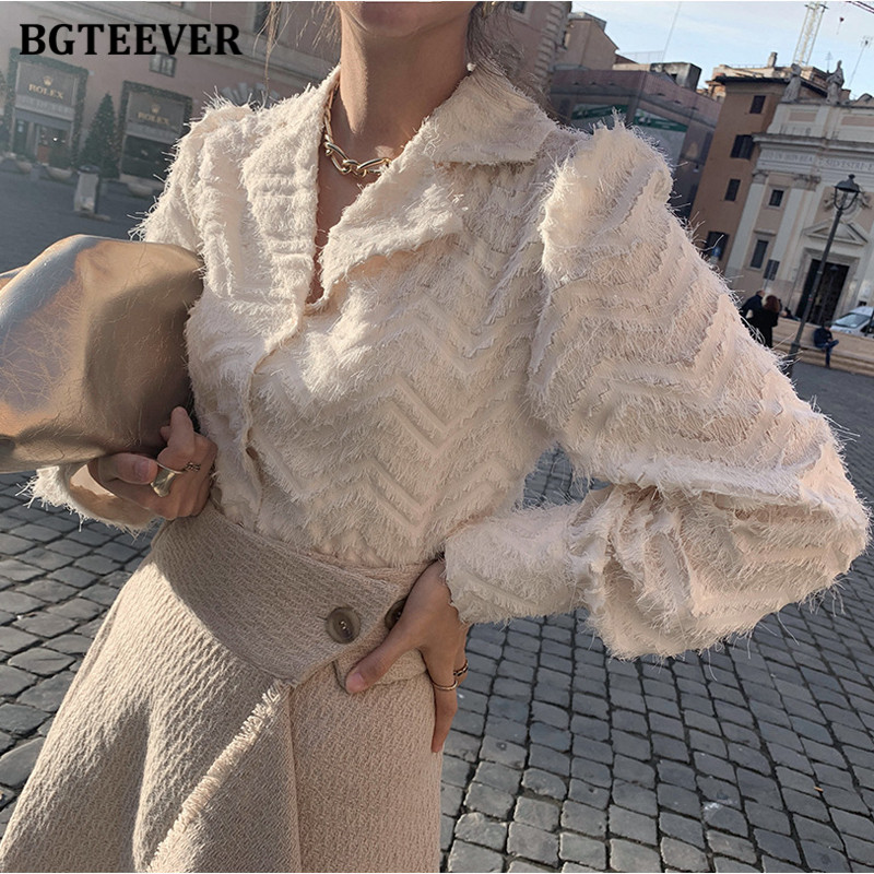 

BGTEEVER Elegant Notched Collar Women Tassels Shirts Blouses 2021 Spring New Single-breasted Female Workwear Shirts Tops Blusas, Beige