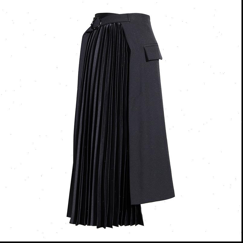 

fashion summer autumn womens skirts high waist belt pocket irregular asymmetrical pleated half body skirt women q358, Black