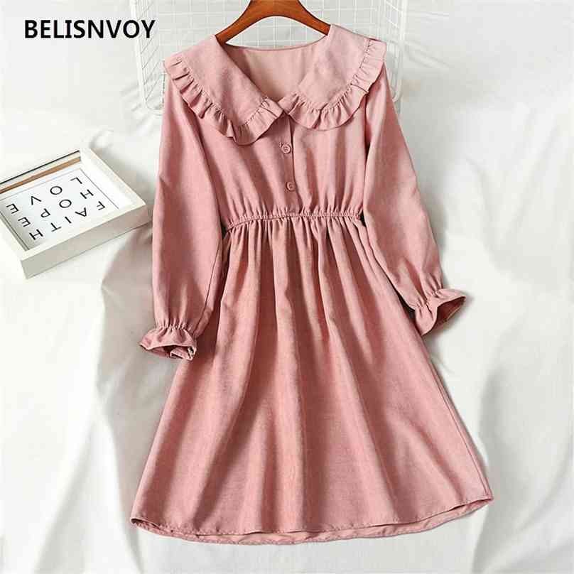 

Japanese Mori Girl Autumn Spring Women Cute Dress Peter Pan Collar Solid Loose Kawaii Flare Sleeve Corduroy 210520, Photo color 5
