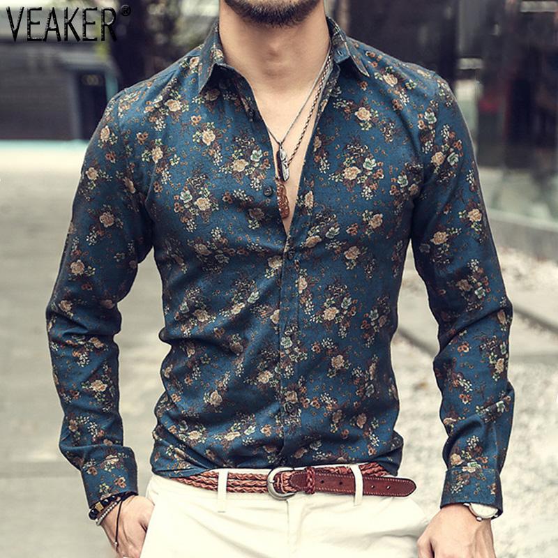 

Men's Casual Shirts 2021 Silk Satin Floral Printed Male Slim Fit Long Sleeve Flower Print Party Shirt Tops -3XL