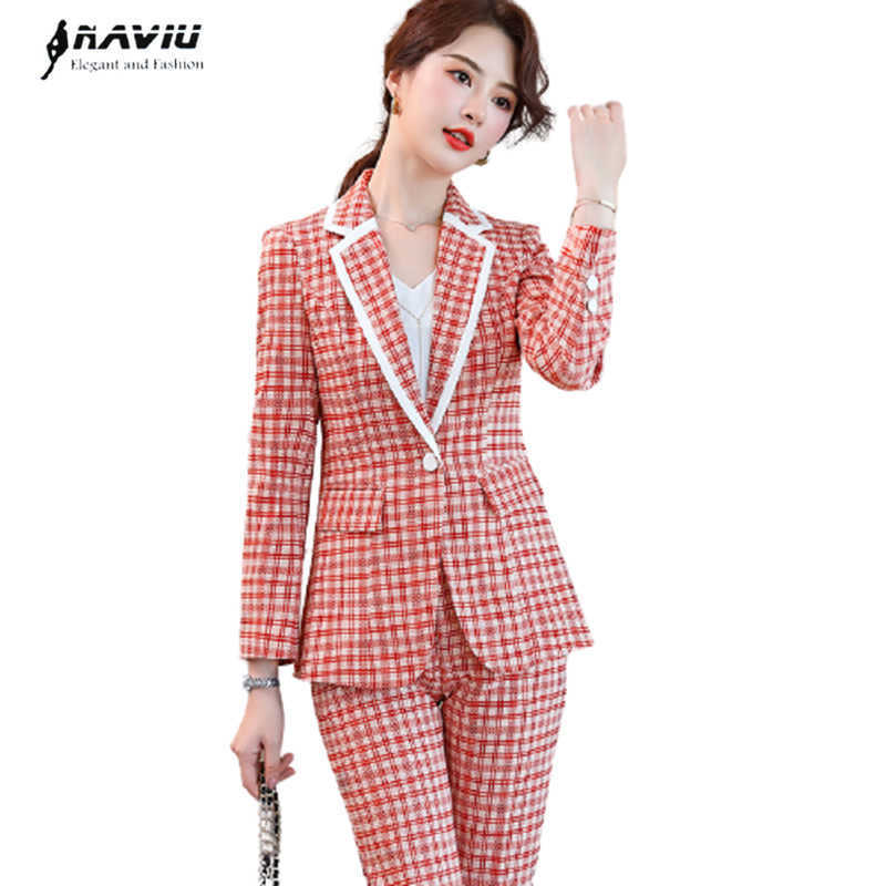 

Professional Pants Suit Autumn Winter High-end Fashion Temperament Plaid Jacket Business lnterview Work Wear 210604, Green blazer