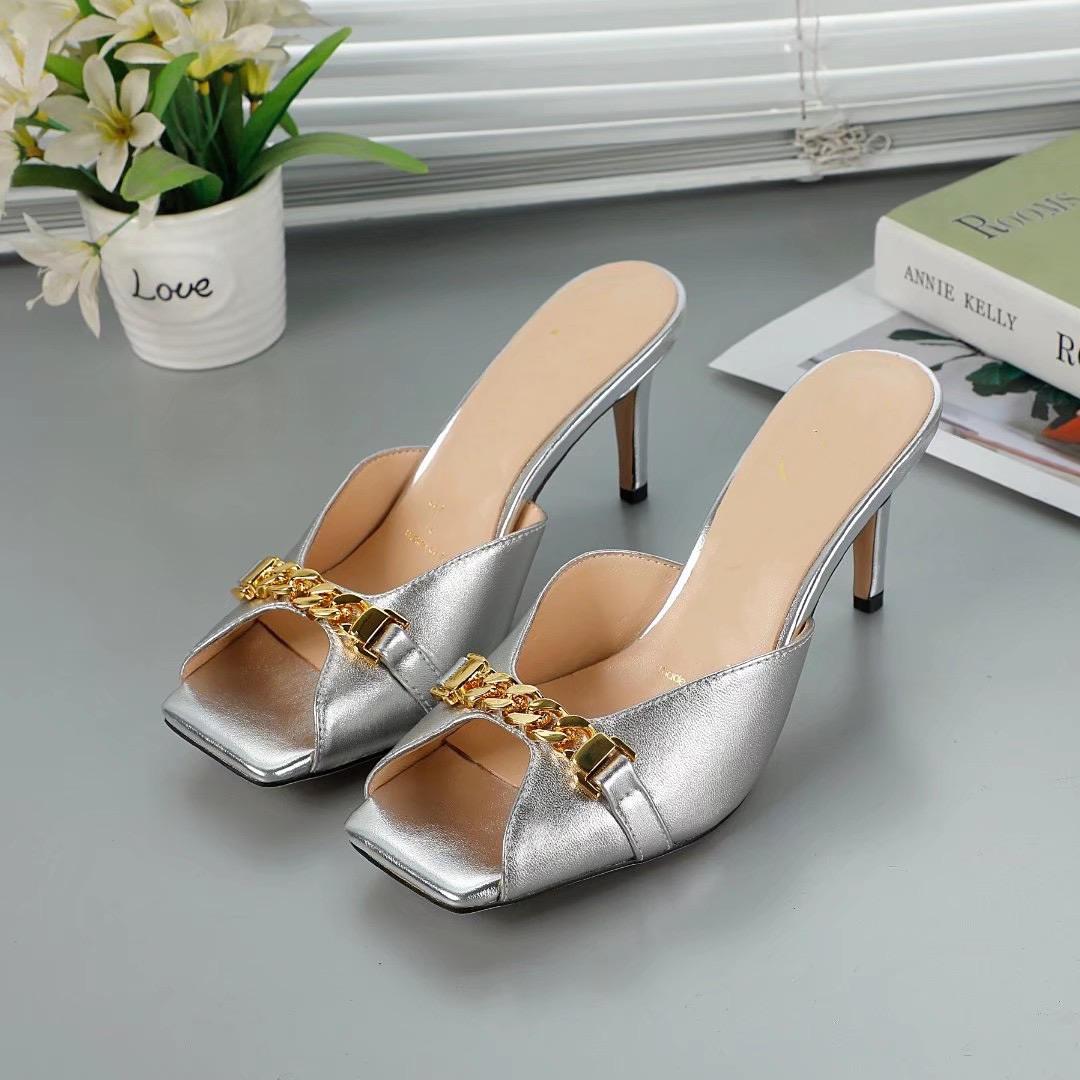 

European and American fashion word sandals slippers stiletto heel chain decoration leaking square toe women's shoes net red, Black