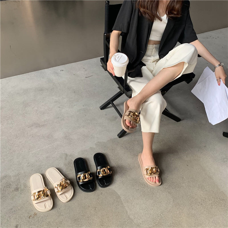 

sandals and slippers womens wear 2021 summer flat-soled beach shoes a word with ladies fashion open-toed, Black