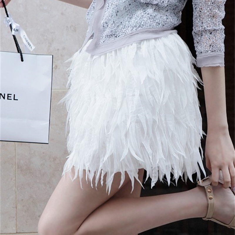 

Skirts Women White Feather Lace Tassel Elegant High Waist Casual A-line Thin Mini D373 VUD5