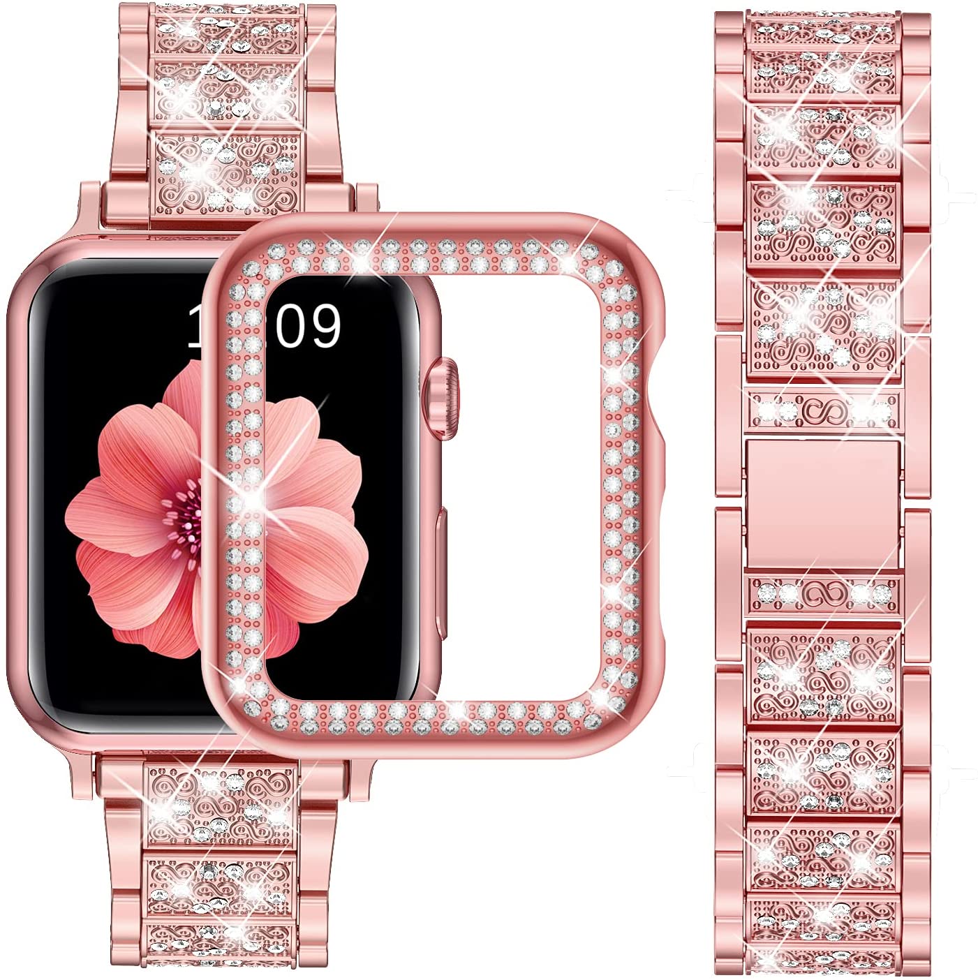 

Jewelry Bling Diamond Metal Smart Straps with Bumper Frame Screen Protector Rhinestone Watchband 38mm 40mm 42mm 44mm for iWatch Series 6/5/4
