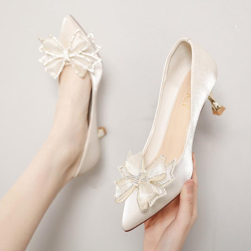 

Dress Shoes Satin Women's High Heels Pointed Bow With Rhinestone Banquet Wedding Women 2021 Stiletto Large Size32-43 W, Apricot 8cm