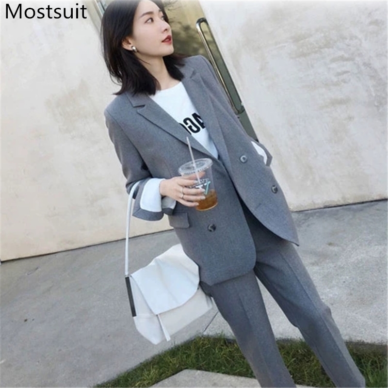

Korean Casual Blazer Suits Sets Long Sleeve + Ankle-length Pants Outfits Office Fashion Female Women 210518, Grey pants set