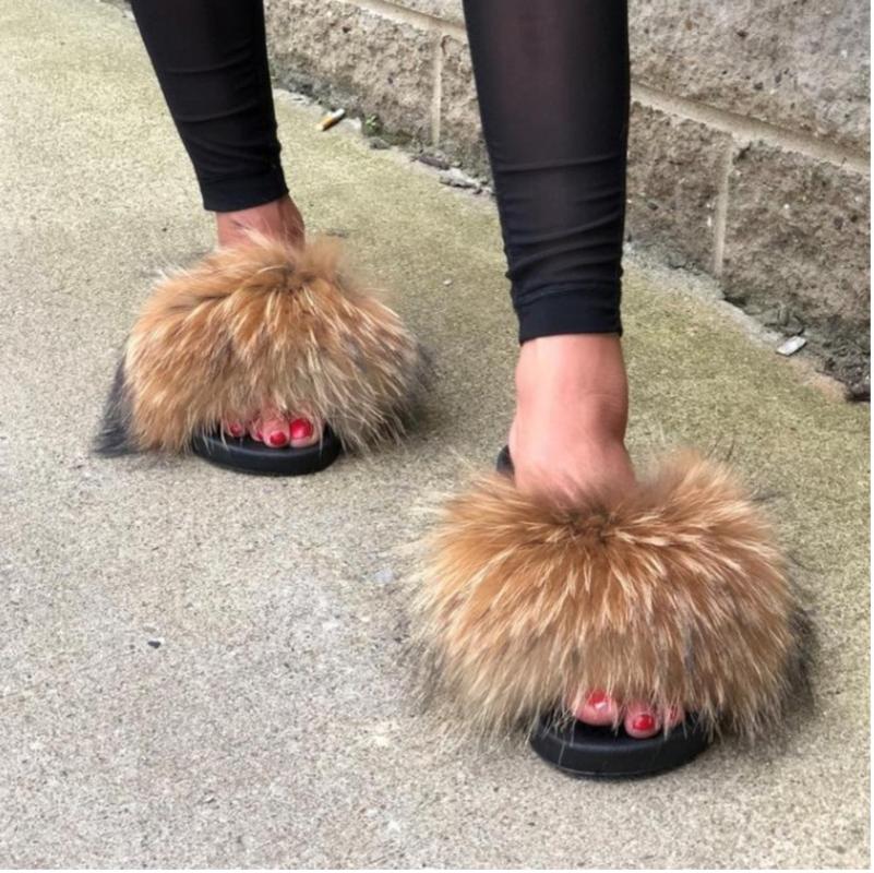 

Slippers Wider Fur Women Fashion Slides Real Raccoon Sliders Summer Autumn Indoor Top Quality, Black