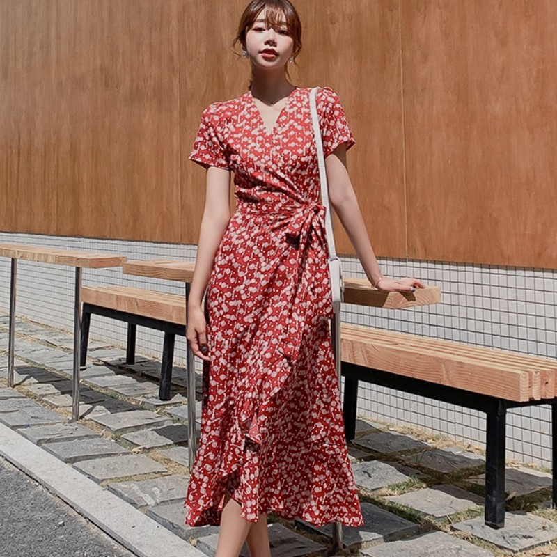 

Summer Women Floral Print V-Neck Boho Long Chiffon Dress Ruffles Wrap Casual Slim Split Sexy Party Dress Robe 210518, Photo color