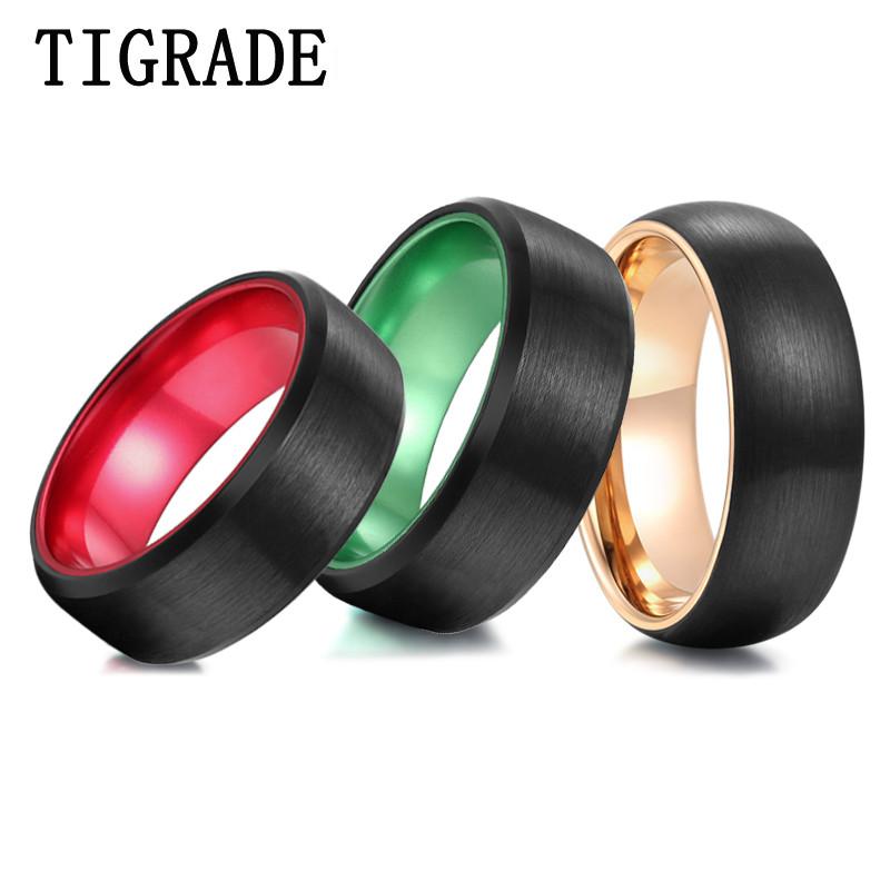 

Cluster Rings TIGRADE Men's Ring 100% Tungsten Black Brushed Wedding Band Gold/Red/Green Inside Custom Couple 8mm For Man Woman