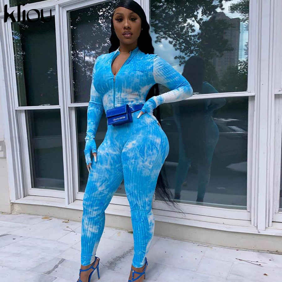 

2021kliou tie dry ribbed jumpsuit women one piece gloves sleeve rompers high waist stretchy skinny female sportswear hot, Black;white