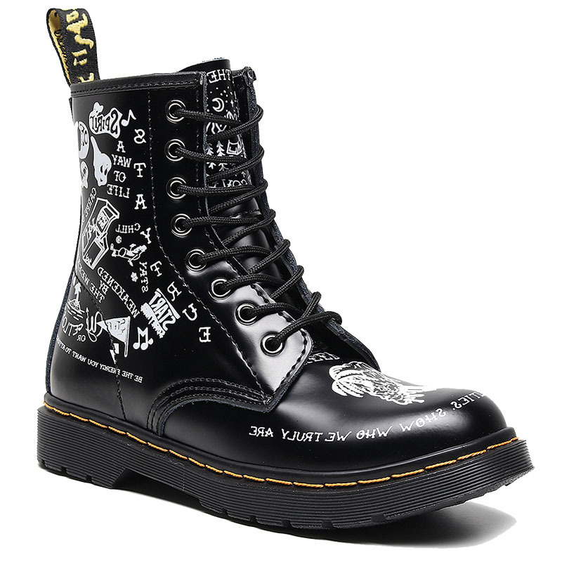 Dress Shoes High-top leather boots in the midst of women personality hard skull short unisex graffiti toe round shoes motorcycle G