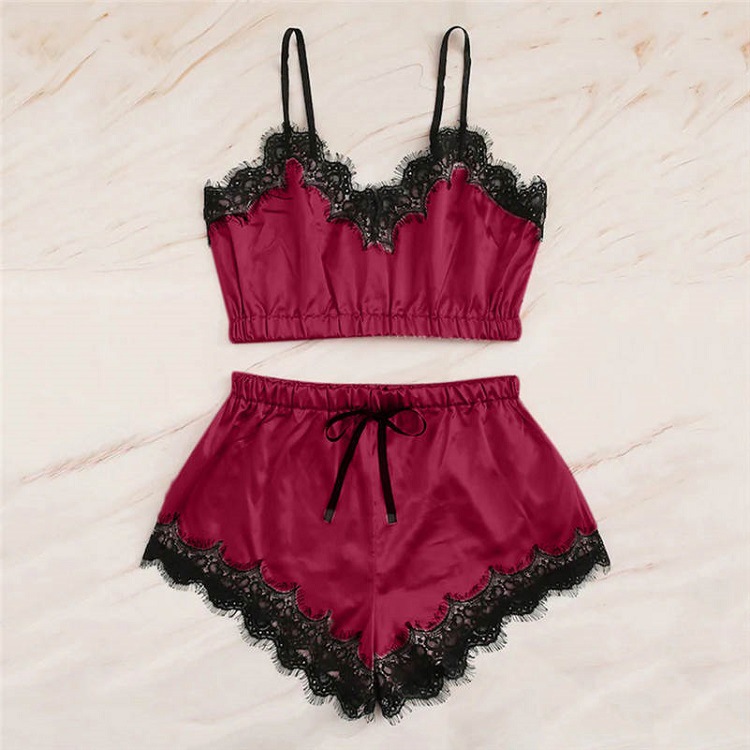

Women Sleepwear Underwear Satin Lace Crop And Shorts Nightwear Suit, White