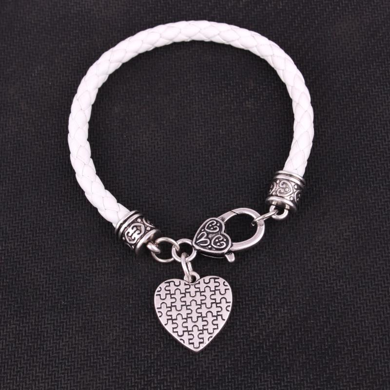 

Charm Bracelets Autism Style Jewelry Women Men Heart Bracelet White Leather Chain Jigsaw Puzzle Pattern Zinc Alloy Provide Drop