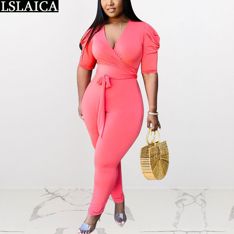 

Elegant women jumpsuit solid color casual fashion bodysuit bandage plus size S-2XL Half sleeve sexy streetwear 210520, Beige