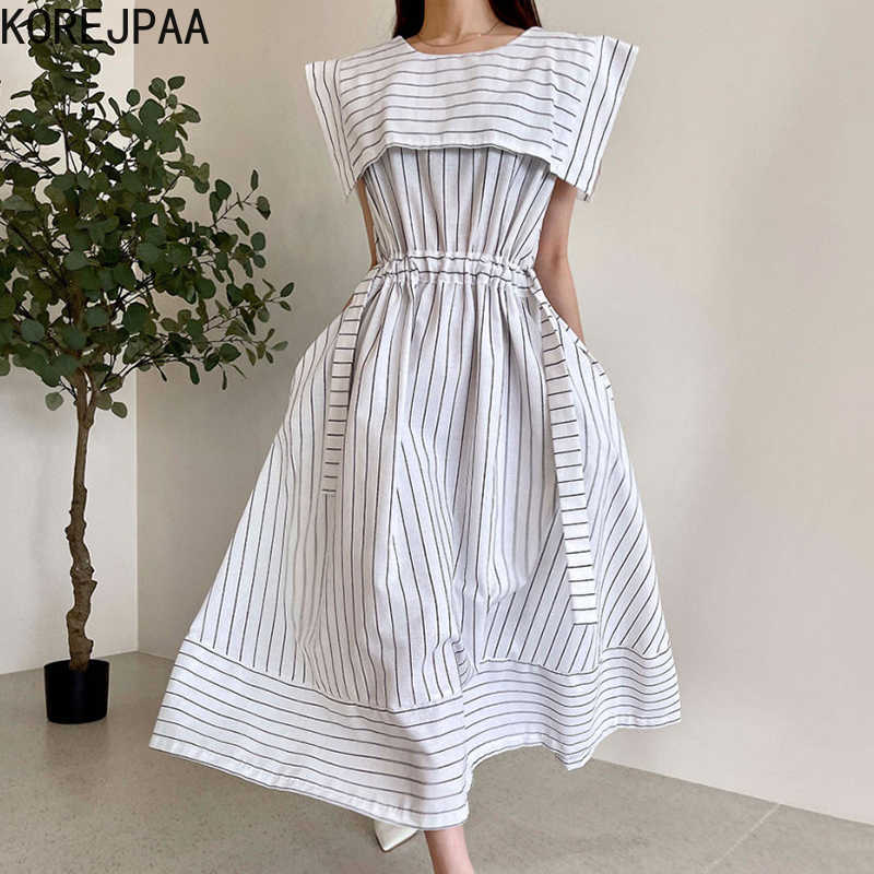 

Korejpaa Women Dress Summer Korean Fashion Chic Elegant Striped Shawl Lapel High Waist Pleated Lace Big Swing Long Dresses 210526, White