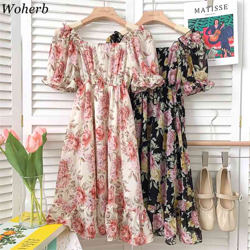 

Vinatge Floral Print Robe Elegant Women Dress Summer Korean Style Puff Sleeve Ruffle Beach Dresses Vestidos 210519, Black