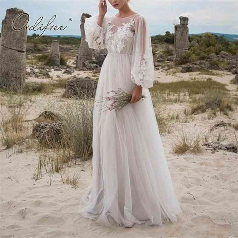 

Ordifree Summer Women Long Tulle Dress Sleeve Embroidery White Maxi Tunic Beach 210701