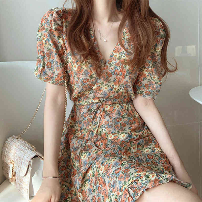 

party short sleeve vintage summer 2020 new dresses korean a-line mini dress women woman elegant print floral ruffle vestid, Black;gray