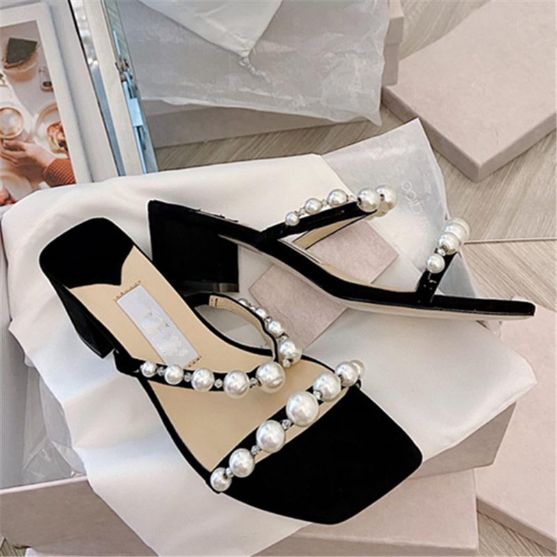 

Dress Shoes 2021 Design Woman Chunky High Heels Pearl Strp Slippers Square Toe Sandals Elegant Zapatos De Mujer Sexy Pumps, As pic