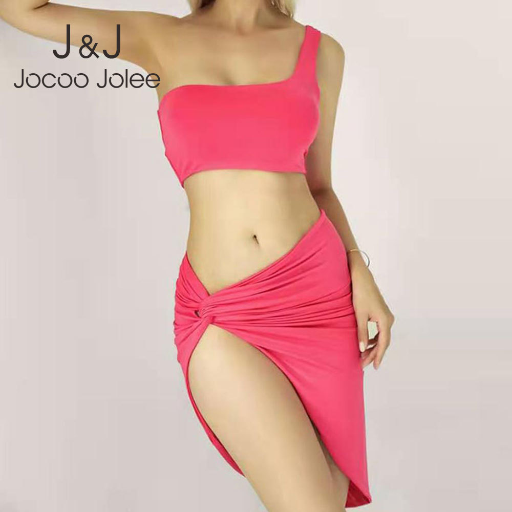 

Jocoo Jolee Women One-Shoulder Irregular Pleated Summer Sexy Solid Party Club Tank Top and Mini Skirts Two-Piece Set 210518, Pink