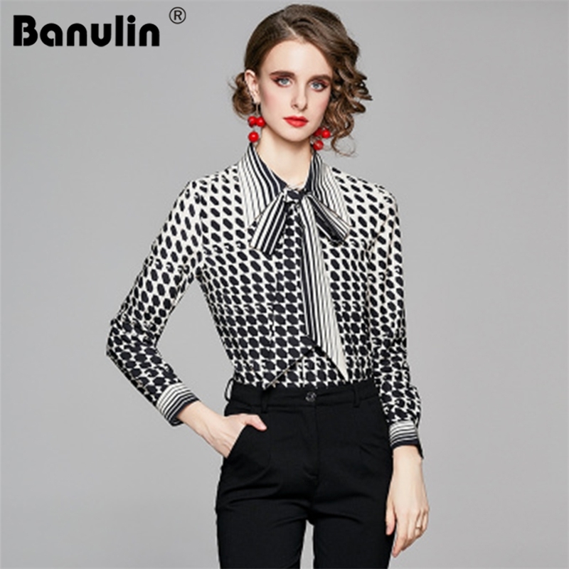

Banulin Spring Elegant Women Shirts Blouse Vintage Geometry Print Long Sleeve Female Streetwear Runway Designer Tops 210603, Black