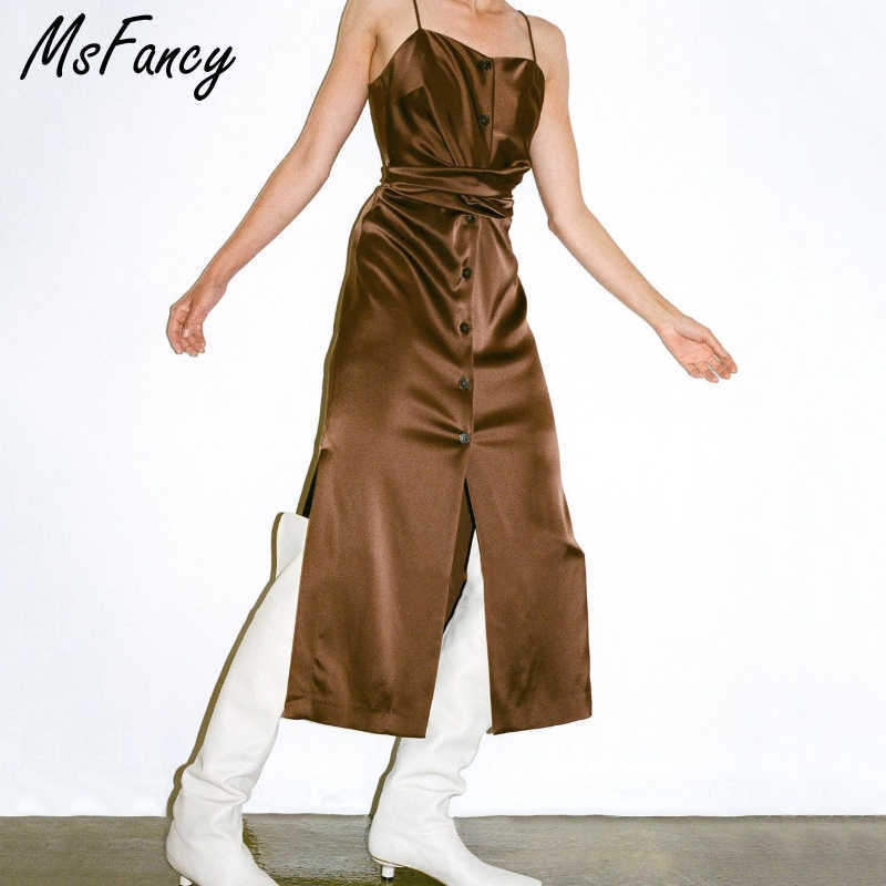 

Msfancy Summer Satin Long Dress Women Sleeveless Single Breasted Spaghetti Strap Vestido De Mujer Tunic Bandage Robe 210604, Chocolate