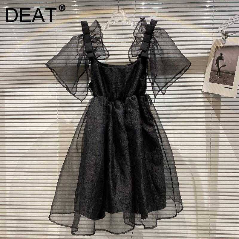 

DEAT Spring Summer Fashion Casual Black Temperament Double Layer Mesh Bow Shoulder Princess Dress Women SK826 210709, White