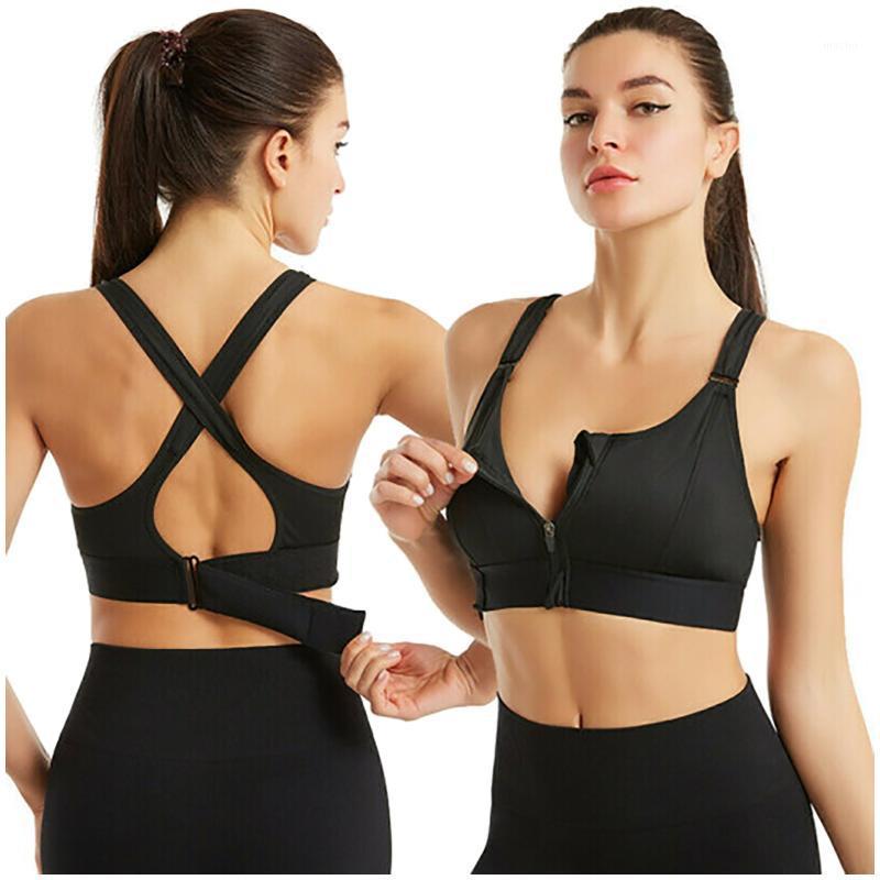 

Women' Sports Bra Gym Yoga Running Fitness Tops Front Zipper Female Sexy Shockproof Underwear Push-up Sportswear Bralette Outfit, Bk