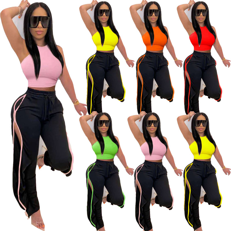 

Womens Summer sleeveless tracksuits suit slim vest cropped top loose Harem pants split trousers 2 two piece set fashion patchwork sportswear 4XL jogging clothing, Pink