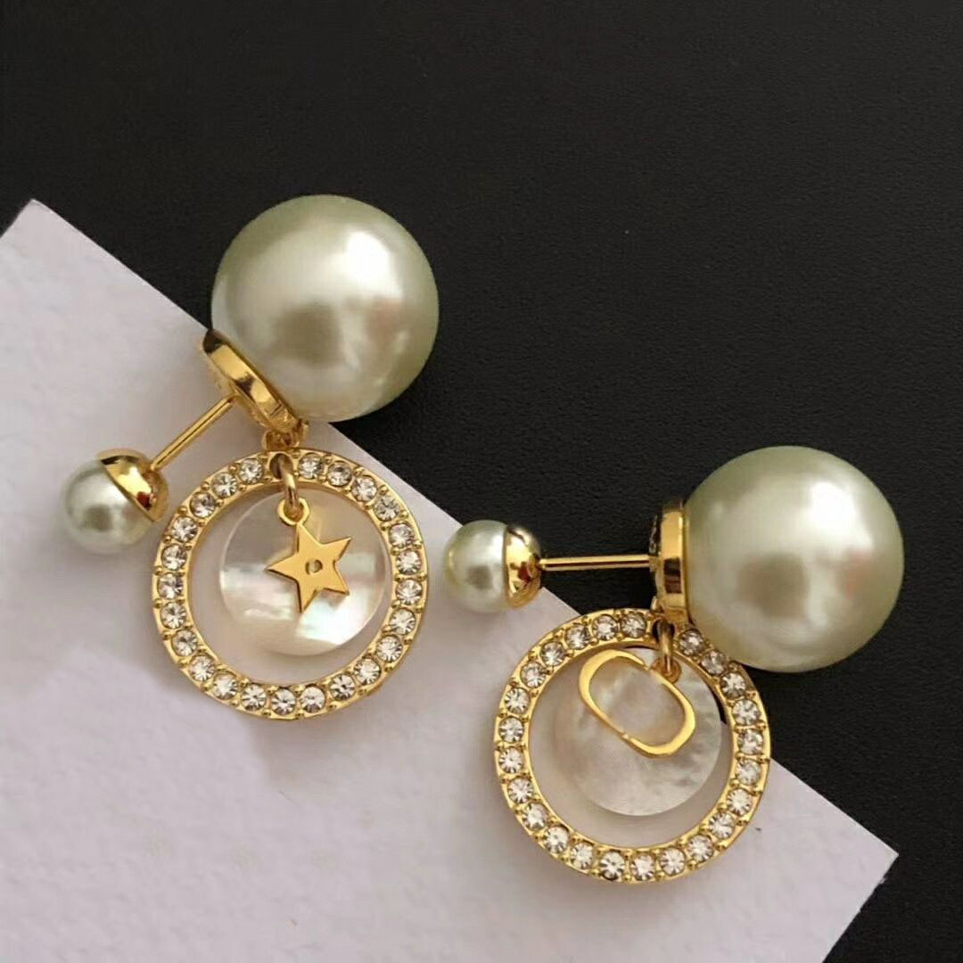 

luxury jewelry Pearl shell Dangle designer earrings diamond circle Ear Stud for lady women Bride Party wedding lovers gift engagement with Box, Silver