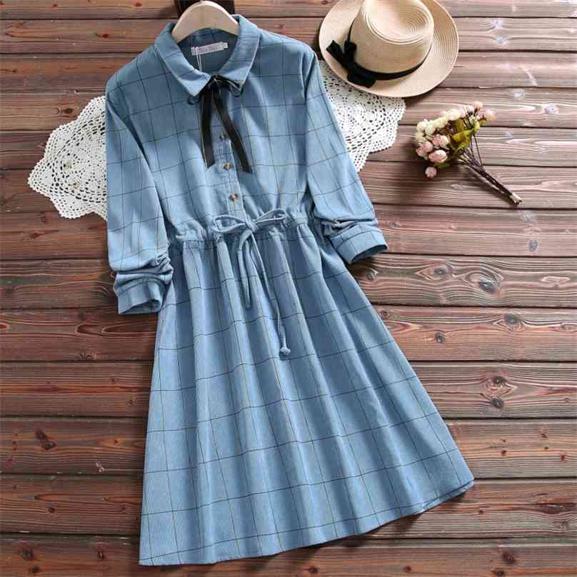 

Mori Girl Fashion Female Autumn Spring Dress Robe Vintage Plaid Femininos Vestidos Bow Long Sleeve Women Corduroy 210520, Blue