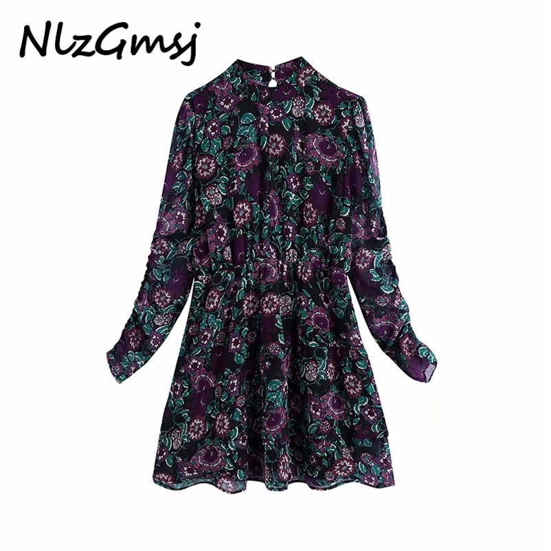 

Nlzgmsj Women Vintage Stand Collar Flower Print Chiffon Mini Dress Lady Chic Pleats Puff Sleeve Casual Ruffles Vestido 210628, As picture