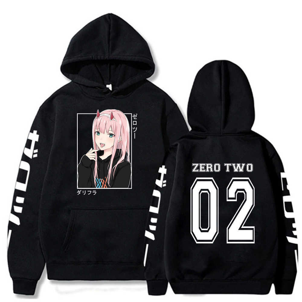 

2021 Anime Hoodie Zero Two Hoodied Long Sleeve Streetwear DARLING in the FRANXX Men/Women Unisex Sport Hoody Tops Y0802, Black