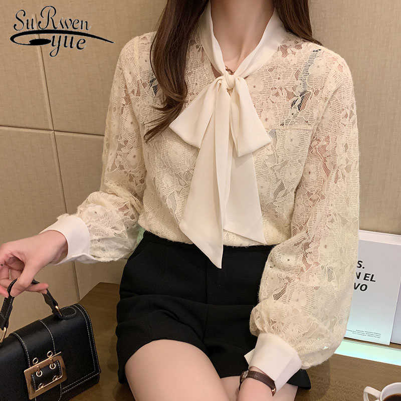 

Fashion Lace Woman Shirt Solid Casual Women Blouse Autumn Lantern Sleeve Korean Tops Bow Blusas Office Lady Clothes 10566 210527, Apricot